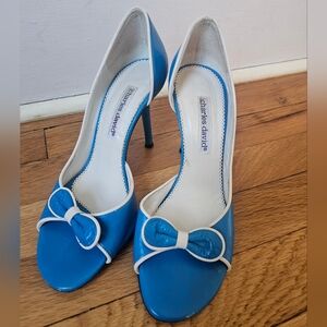 Vintage Charles David Blue and White Bow Peep-Toe Heels